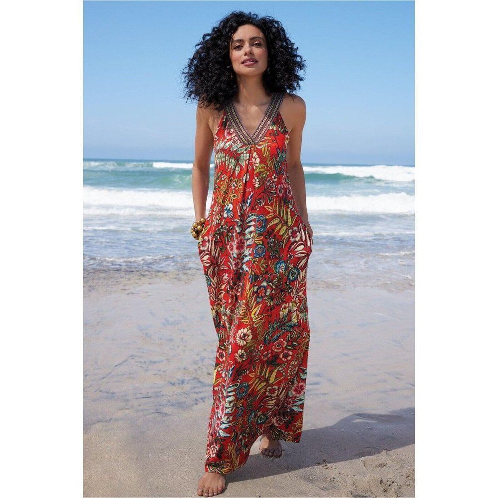 Soft Surroundings Red Floral V-Neck Maxi Dress - Picture 13 of 13